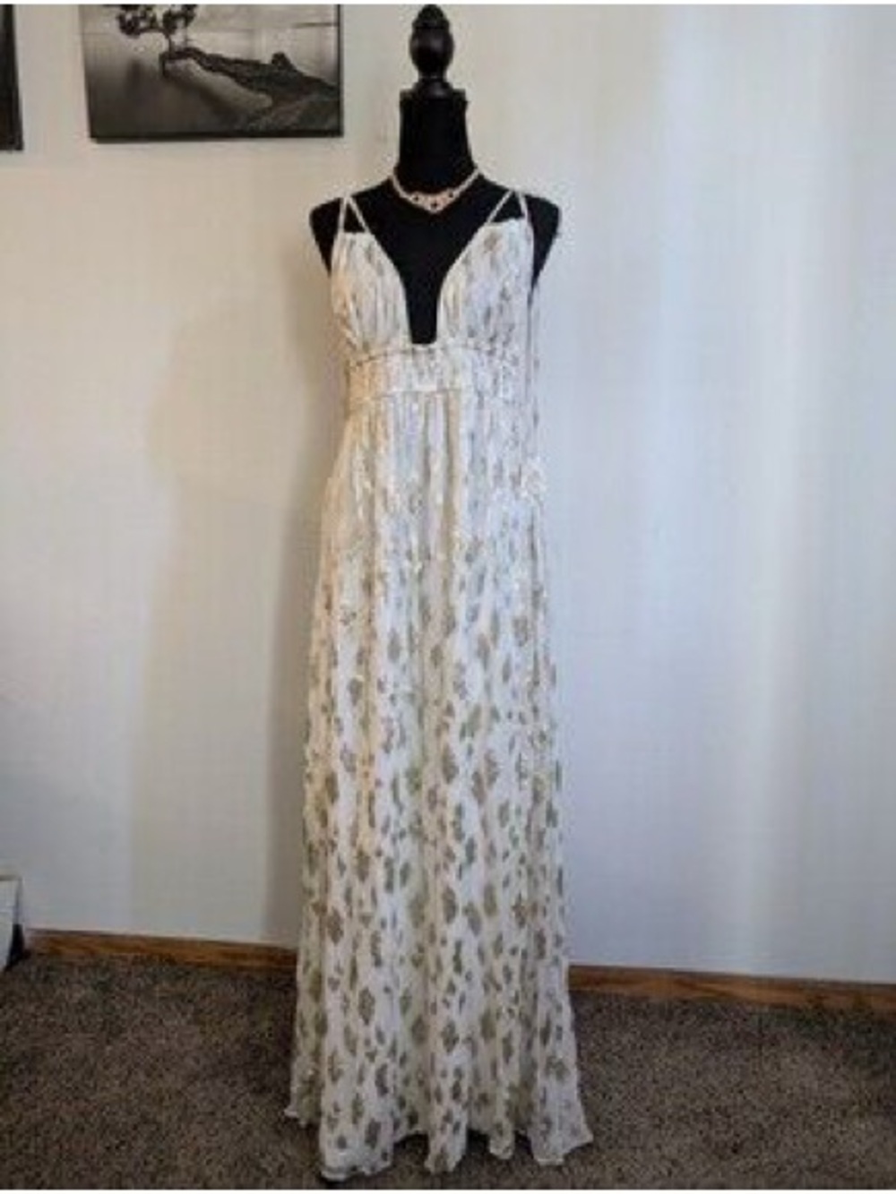 Altar'd State Ivory and Gold Floral Maxi Dress - Spaghetti Tie Strap L